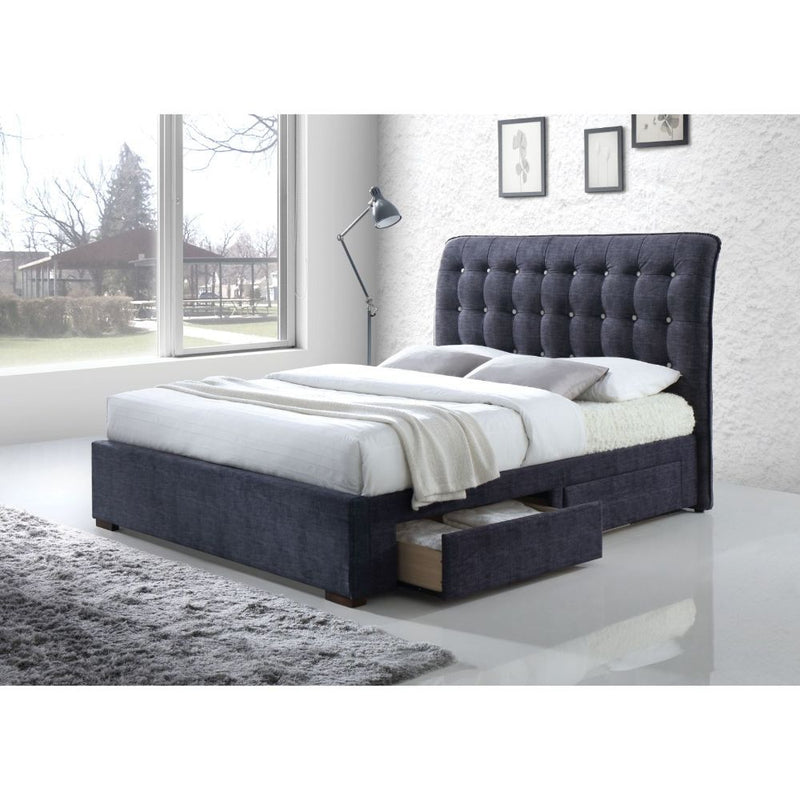 The Drorit platform bed is stunning with its soft, sleigh style, button tufted headboard. This bed also features storage side rails and footboard wrapped in the same fabric. Bring a touch of class and character to your home with this remarkable bed.