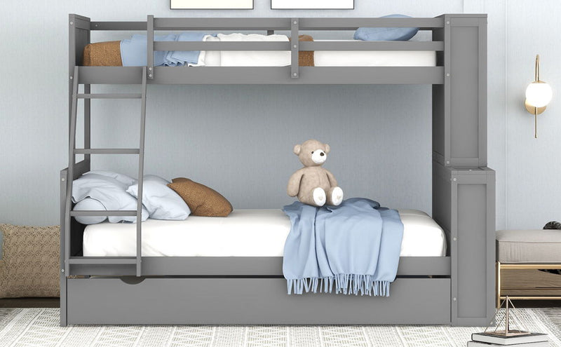 Twin Over Full Bunk Bed With Trundle And Shelves, Can Be Separated Into Three Separate Platform Beds, Gray