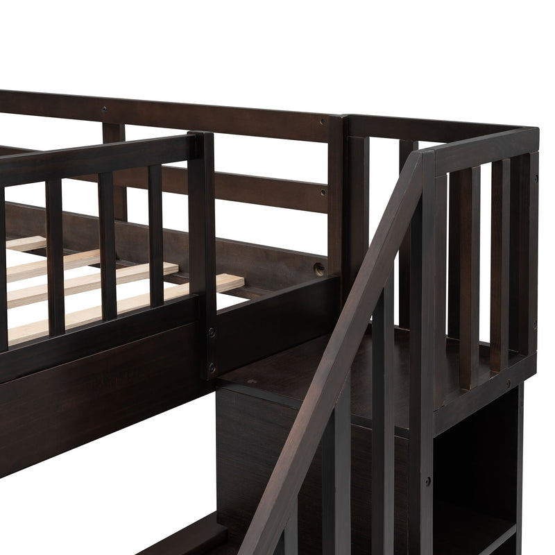 Stairway Full Over Full Bunk Bed With Drawer, Storage And Guard Rail For Bedroom, Espresso Color