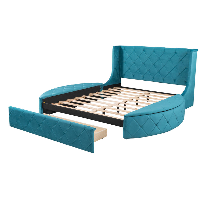 Upholstered Platform Bed Queen Size Storage Velvet Bed With Wingback Headboard And 1 Big Drawer, 2 Side Storage Stool (Blue)