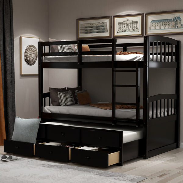 Twin Bunk Bed With Ladder, Safety Rail, Twin Trundle Bed With 3 Drawers For Teens Bedroom, Guest Room Furniture - Espresso