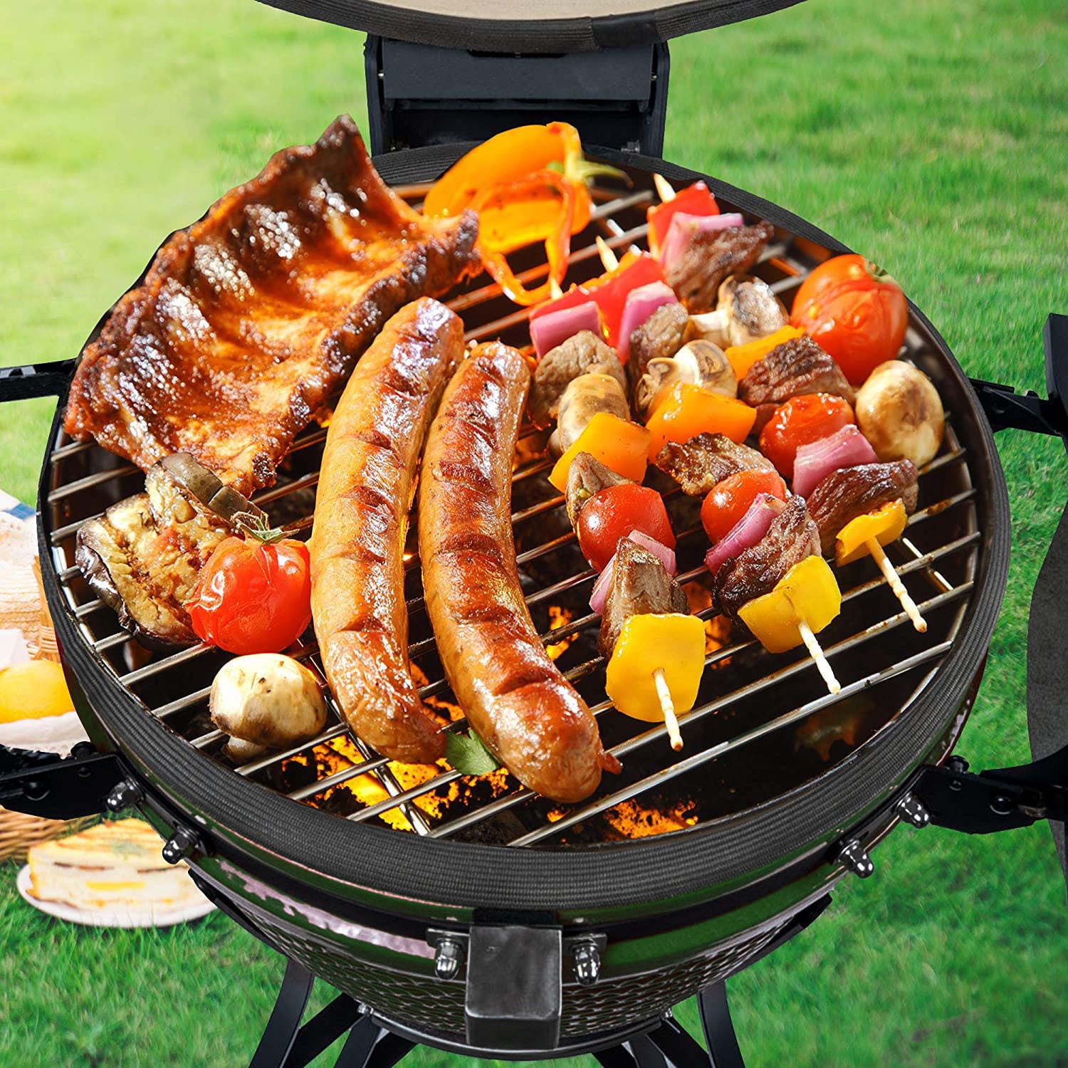 The spot/TOOPO 24inch Barbecue Charcoal Grill, Ceramic Kamado Grill with Side Table, Suitable for Camping and Picnic,GREEN - Atlantic Fine Furniture Inc