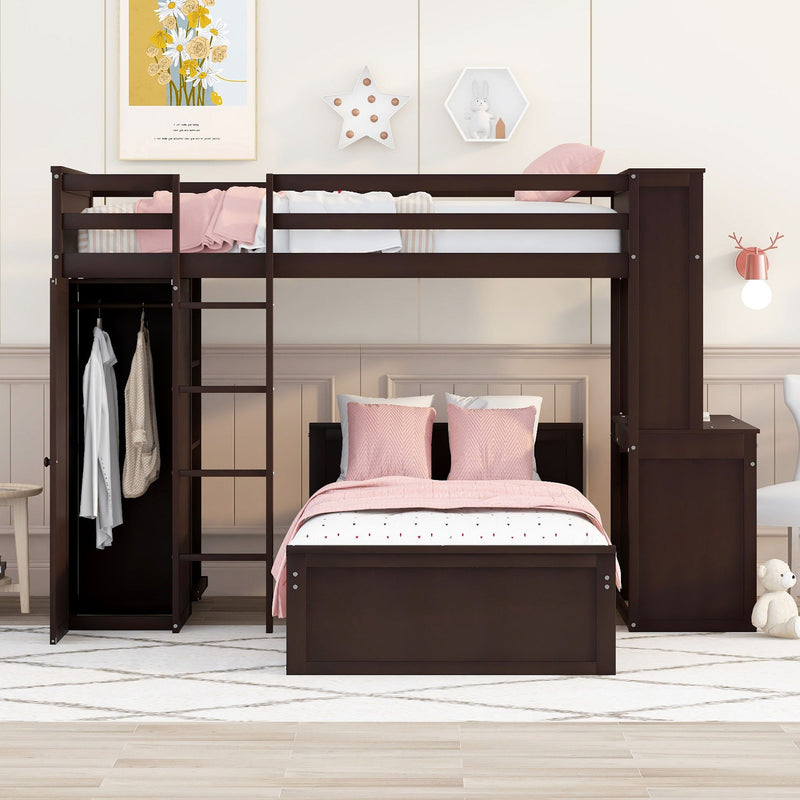 Twin Size Loft Bed With A Stand - Alone Bed, Shelves, Desk, And Wardrobe - Espresso