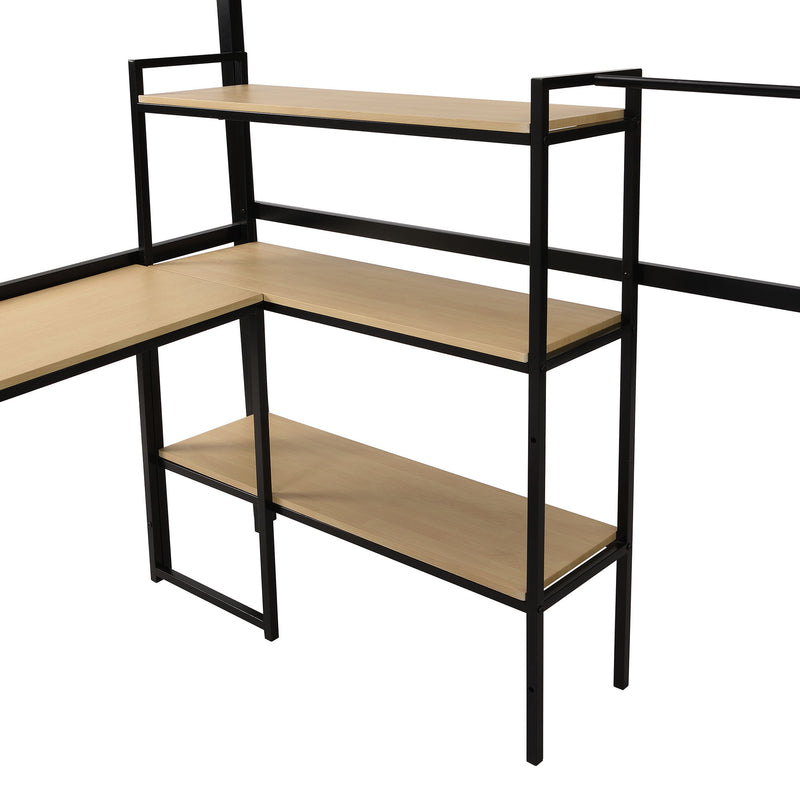 Full Size Metal Loft Bed With Staircase, Built - In Desk And Shelves, Black