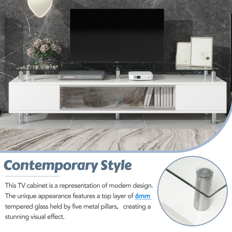 On-Trend Sleek Design TV Stand With Silver Metal Legs For TV Up To 70", Tempered Glass TV Cabinet With Ample Storage Capacity, Contemporary Media Console With Sliding Glass Door For Living Room, White