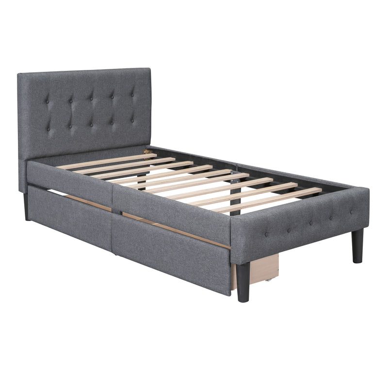Twin Size Upholstered Platform Bed With 2 Drawers, Gray