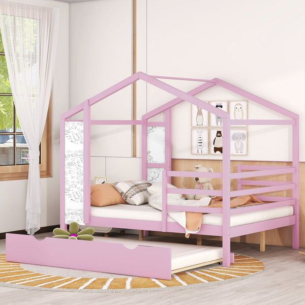 Full Size Wood House Bed With Fence And Writing Board, Pink