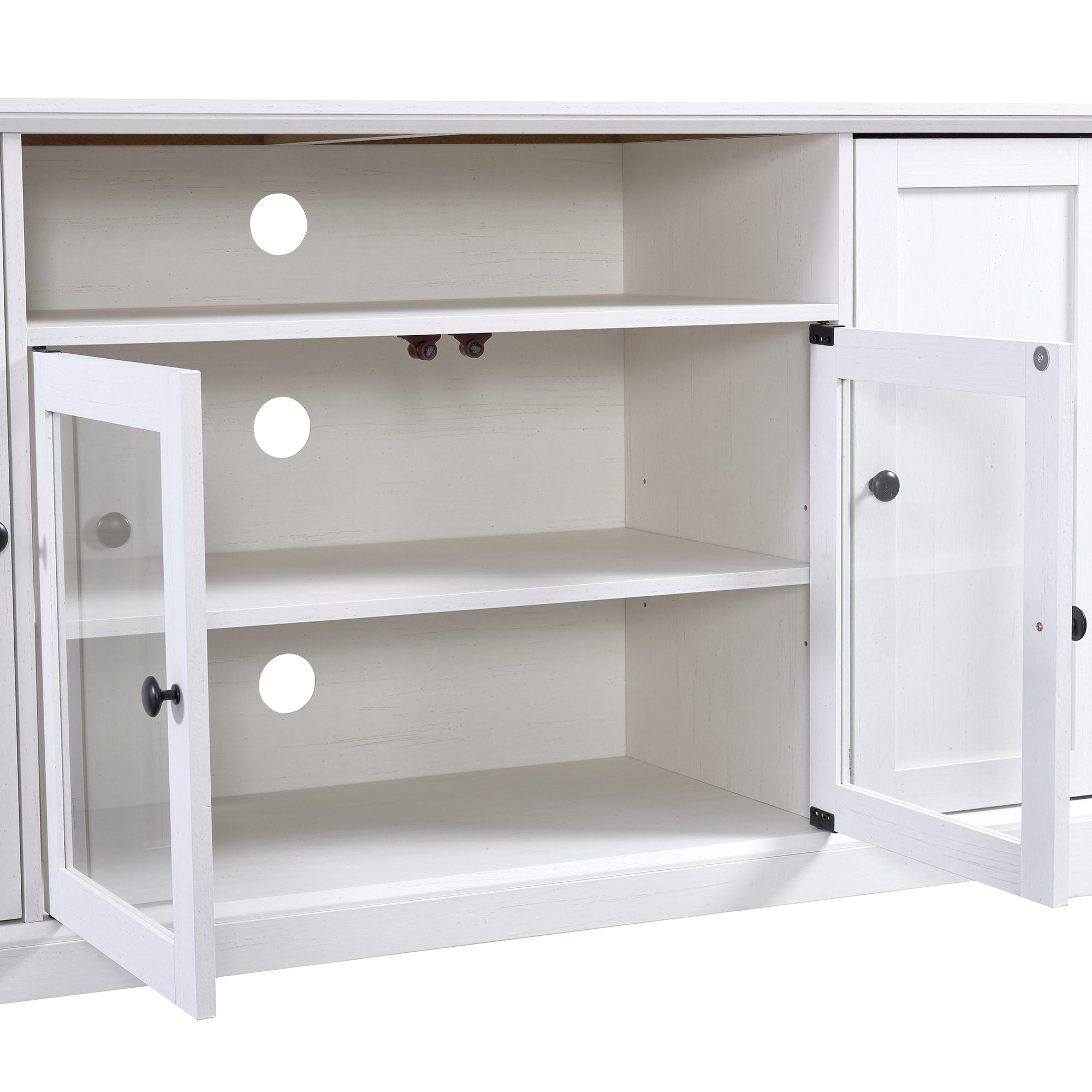 U-Can TV Stand for TV up to 65in with 2 Tempered Glass Doors Adjustable Panels Open Style Cabinet, Sideboard for Living room, White - Atlantic Fine Furniture Inc
