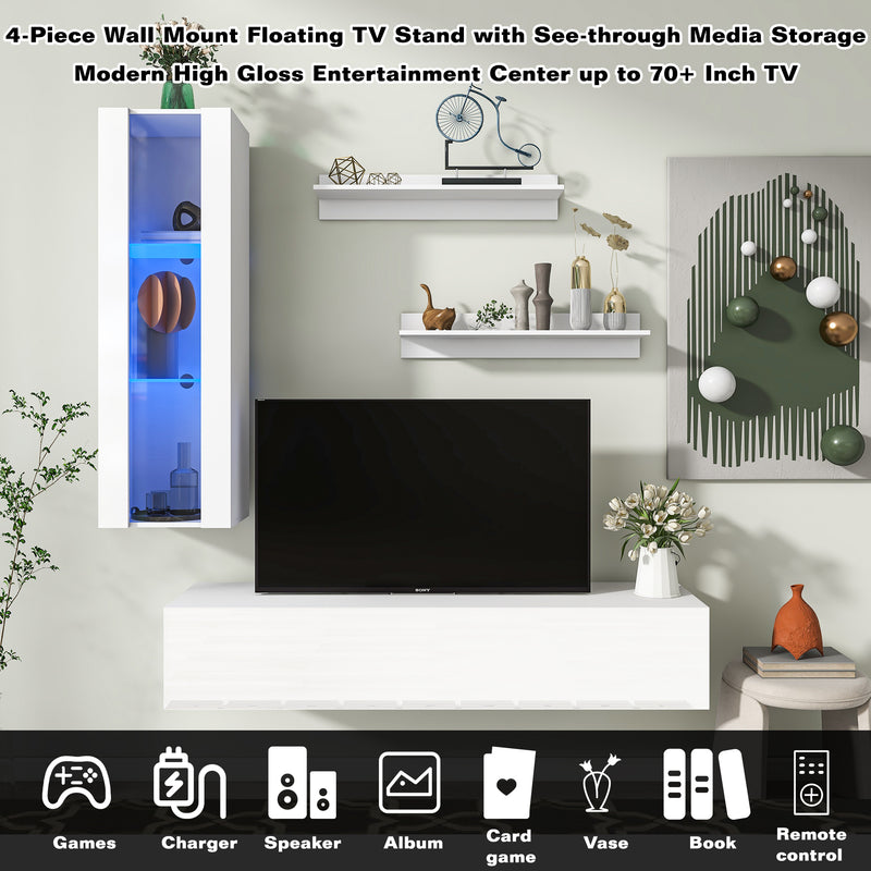 ON-TREND 4-Piece Wall Mount Floating TV Stand with See-through Media Storage Cabinet, Modern High Gloss Entertainment Center up to 70+ Inch TV, RGB Lights for Living Room, Home Theater, White