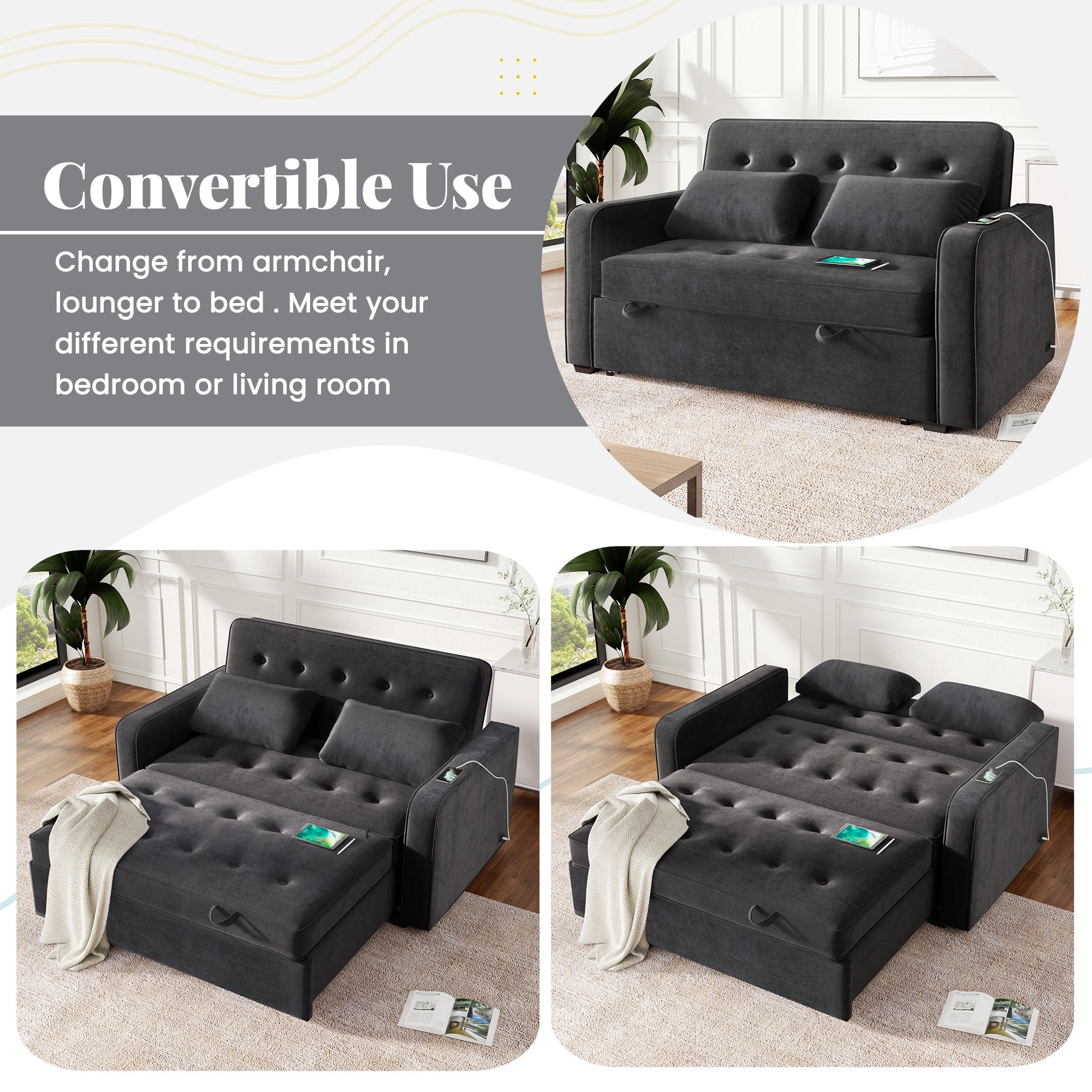 Linen Upholstered Sleeper Bed , Pull Out Sofa Bed Couch attached two throw pillows,Dual USB Charging Port and Adjustable Backrest for Living Room Space，Black - Atlantic Fine Furniture Inc