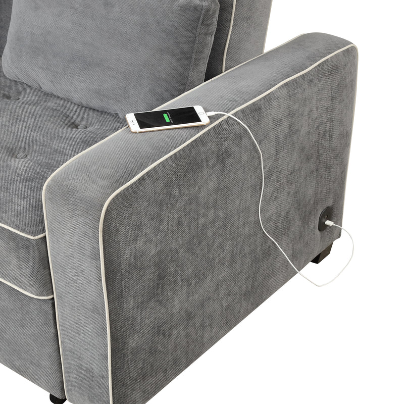 Linen Upholstered Sleeper Bed , Pull Out Sofa Bed Couch attached two throw pillows,Dual USB Charging Port and Adjustable Backrest for Living Room Space,Gray