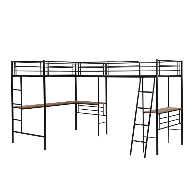 Twin Size Metal Loft Bed With Two Built-In Desks, Black