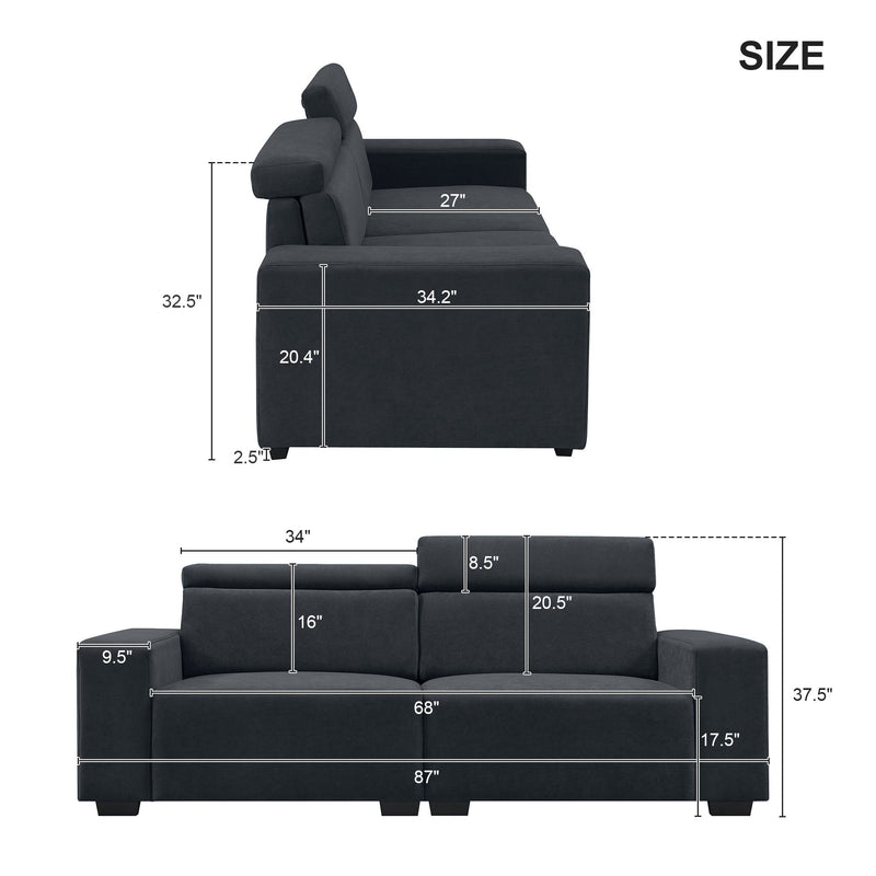 87*34.2'' 2-3 Seater Sectional Sofa Couch With Multi-Angle Adjustable Headrest, Spacious And Comfortable Velvet Loveseat For Living Room, Studios, Salon, Apartment, Office, 3 Colors