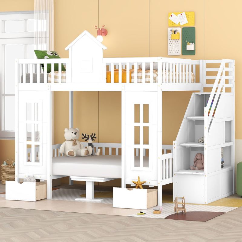 Full-Over-Full Bunk Bed With Changeable Table, Bunk Bed Turn Into Upper Bed And Down Desk - White