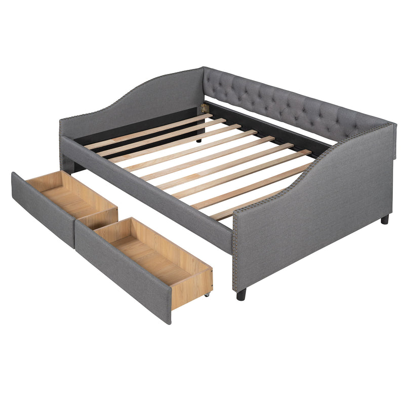 Upholstered Daybed With Two Drawers, Wood Slat Support, Full Size - Gray