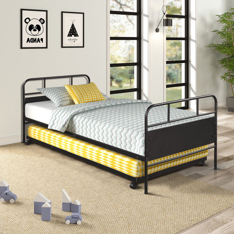 Metal Daybed Platform Bed Frame With Trundle Built-In Casters - Size