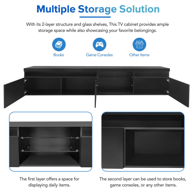 On-Trend Unique Design TV Stand With 2 Glass Shelves, Ample Storage Space Media Console For Tvs Up To 100", Versatile TV Cabinet With Led Color Changing Lights For Living Room, Black