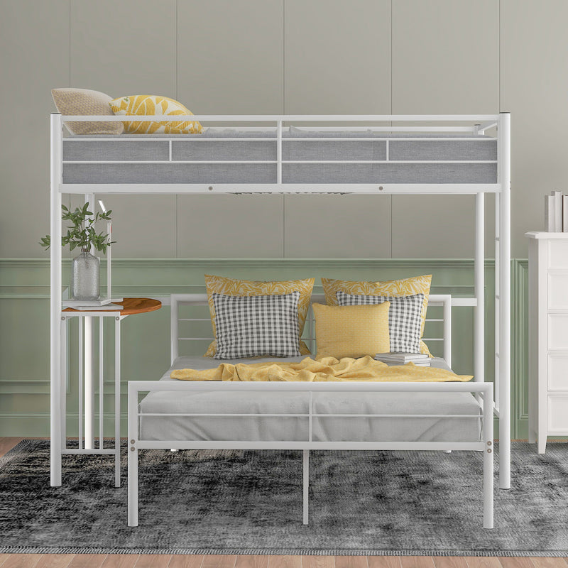 Twin Over Full Metal Bunk Bed With Desk, Ladder And Quality Slats For Bedroom, Metallic White
