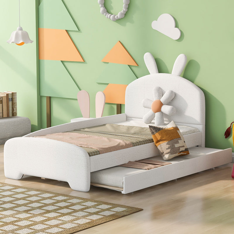 Twin Size Upholstered Platform Bed With Cartoon Ears Shaped Headboard And Trundle, White