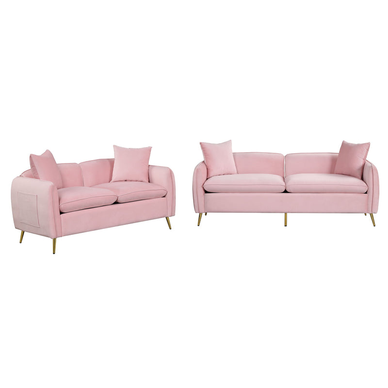2 Piece Velvet Upholstered Sofa Sets, Loveseat And 3 Seat Couch Set Furniture With 2 Pillows And Golden Metal Legs For Different Spaces, Living Room, Apartment, Pink