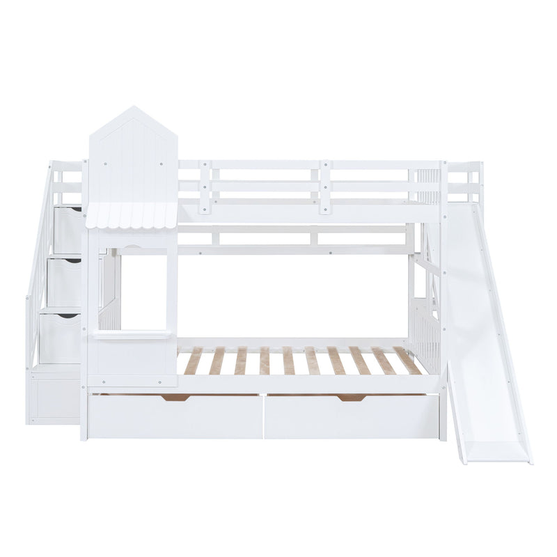 Full-Over-Full Castle Style Bunk Bed, With 2 Drawers 3 Shelves And Slide - White