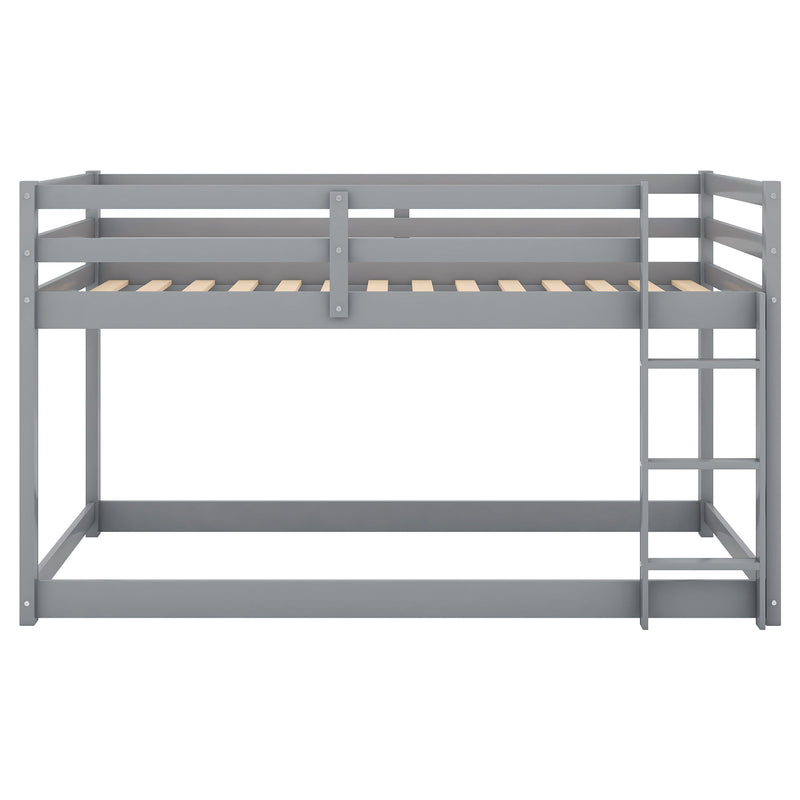 Twin Over Twin Floor Bunk Bed With Ladder, Gray