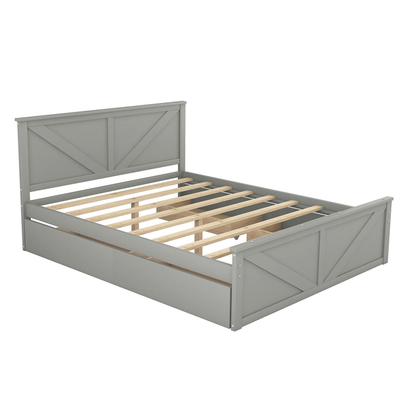 Queen Size Wooden Platform Bed With Four Storage Drawers And Support Legs, Gray