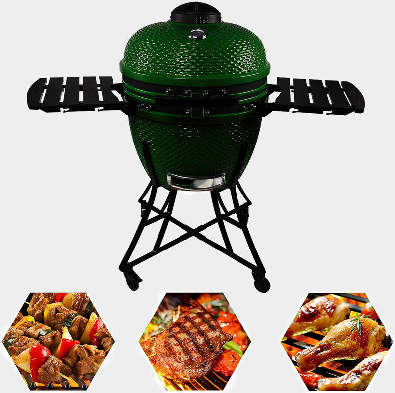 The spot/TOOPO 24inch Barbecue Charcoal Grill, Ceramic Kamado Grill with Side Table, Suitable for Camping and Picnic,GREEN