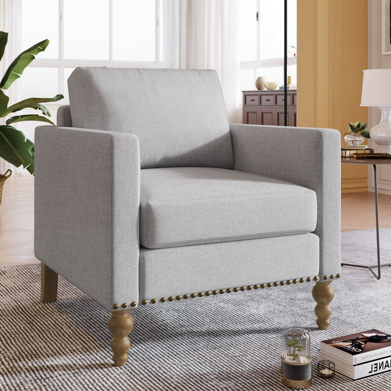 Classic Linen Armchair Accent Chair With Bronze Nailhead Trim Wooden Legs Single Sofa Couch For Living Room, Bedroom, Balcony, Light Gray