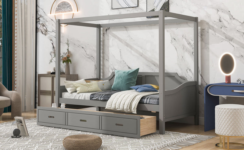 Twin Size Wooden Canopy Daybed With 3 In 1 Storage Drawers, Grey