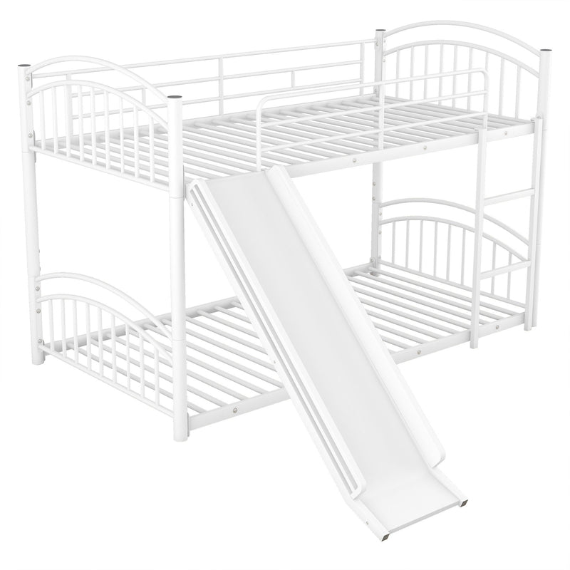 Twin Over Twin Metal Bunk Bed With Slide, Kids House Bed - White
