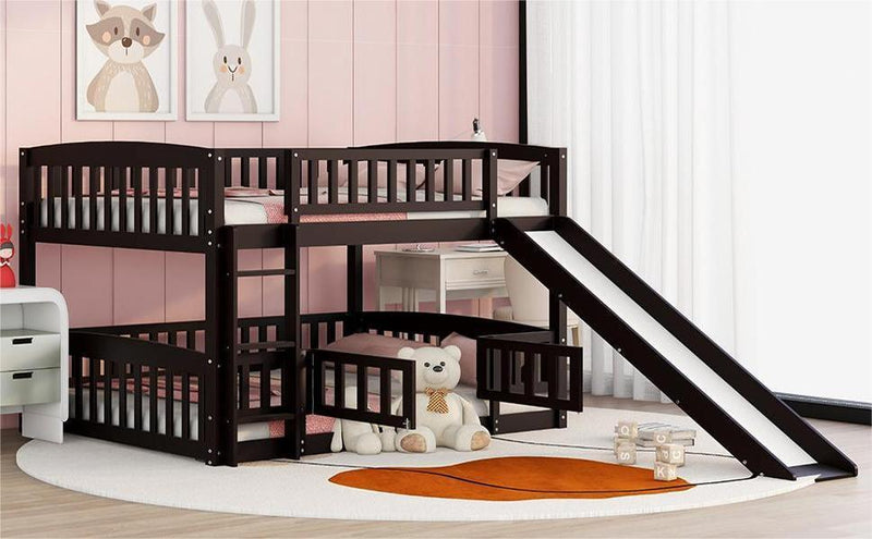 Bunk Bed With Slide, Full Over Full Low Bunk Bed With Fence And Ladder For Toddler Kids Teens Espresso