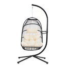 TOPMAX Patio Foldable Swing Chair Porch PE Wicker Egg Hanging Chair Hammock Chair w/Stand and Cushion for Outdoor Balcony Indoor Bedroom, Beige - Atlantic Fine Furniture Inc