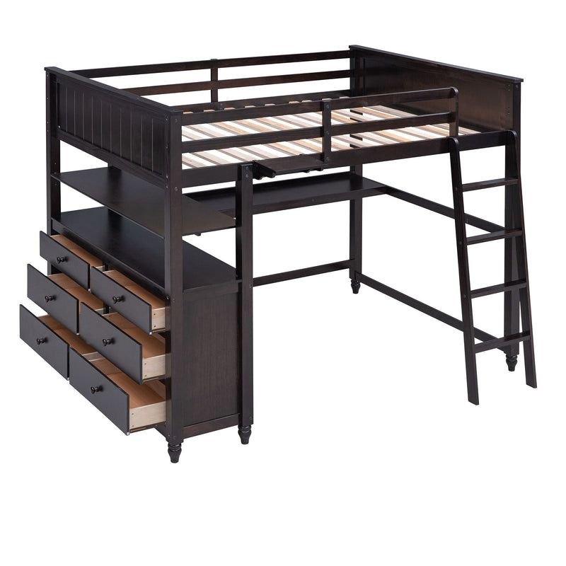 Full Size Loft Bed With Drawers And Desk, Loft Bed With Shelves - Espresso