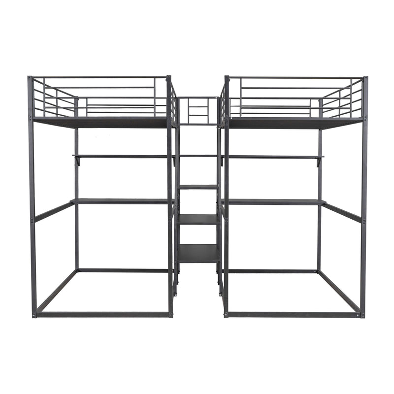 Double Twin Over Twin Metal Bunk Bed With Desk, Shelves And Storage Staircase, Black
