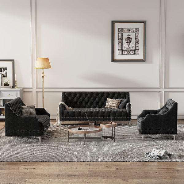 Modern Three Piece Sofa Set With Metal Legs, Buttoned Tufted Backrest, Frosted Velvet Upholstered Sofa Set Including Three-Seater Sofa, Double Seater And Single Chair