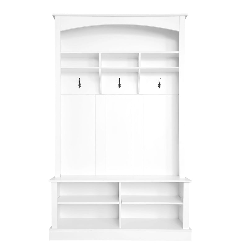 On Trend Wide Hall Tree With Bench And Shoe Storage, Multi - Functional Storage Bench With 3 Hanging Hooks & Open Storage Space, Rectangle Storage & Shelves Coat Rack For Hallway, White