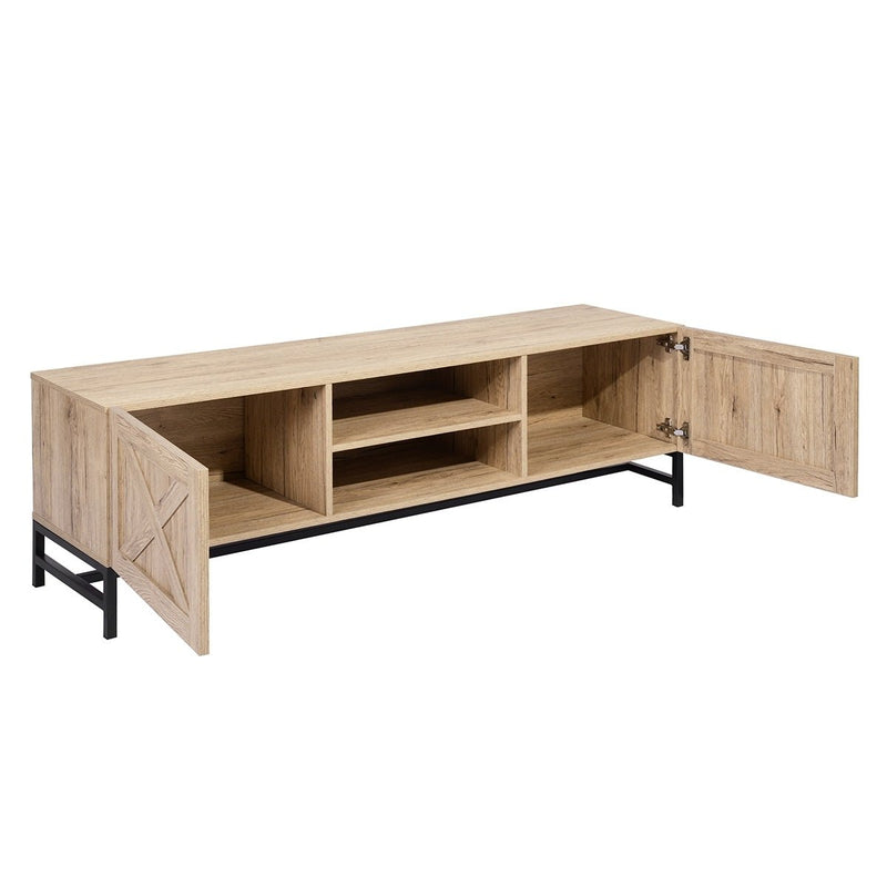 60" TV Stand with Open Doors and Storage Shelf, Oak & Black - Atlantic Fine Furniture Inc
