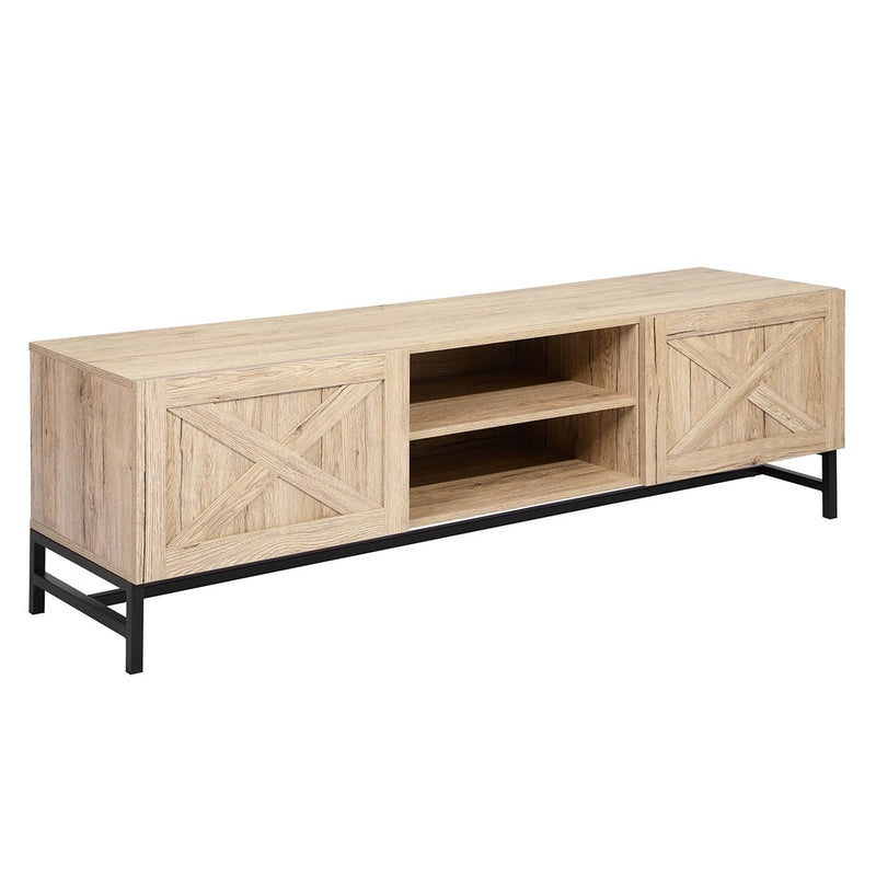 60" TV Stand with Open Doors and Storage Shelf, Oak & Black - Atlantic Fine Furniture Inc
