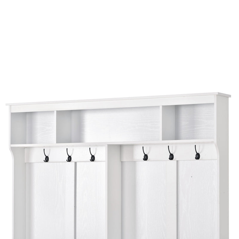 On-Trend Modern Style Multiple Functions Hallway Coat Rack With Metal Black Hooks, Entryway Bench 60" Wide Hall Tree With Ample Storage Space And 24 Shoe Cubbies, White