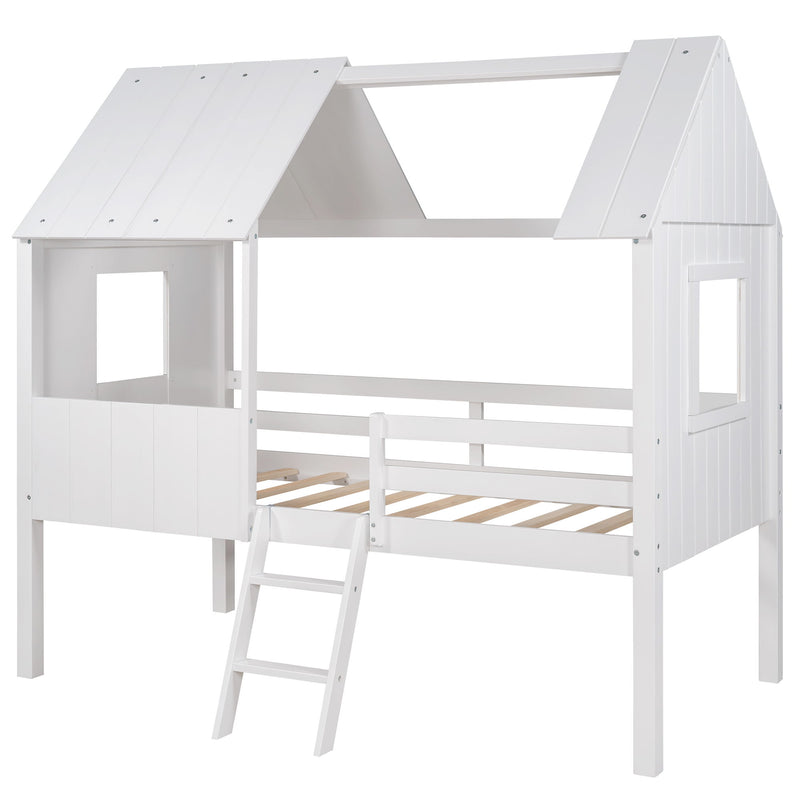 Size Low Loft Wood House Bed With Two Side Windows - Normal White / Normal White