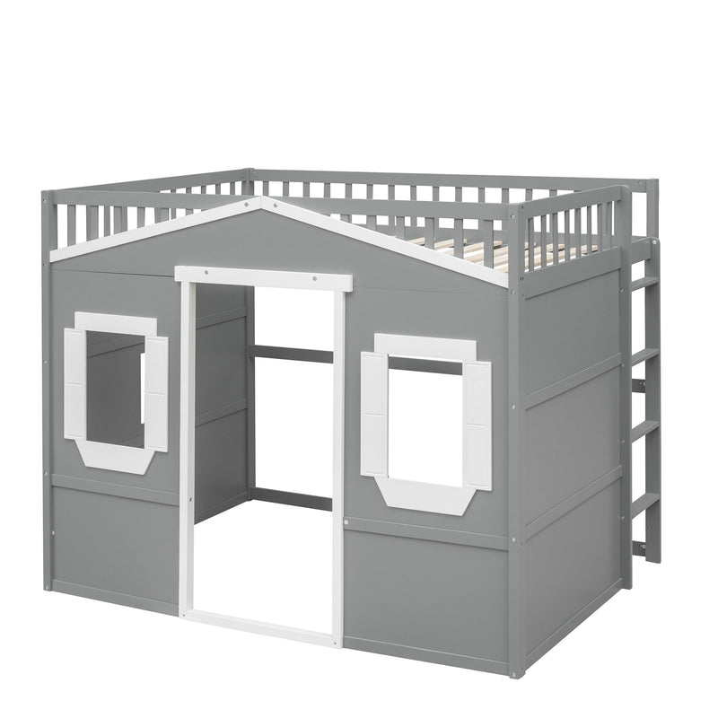 Full Size House Loft Bed With Ladder - Gray / White Frame