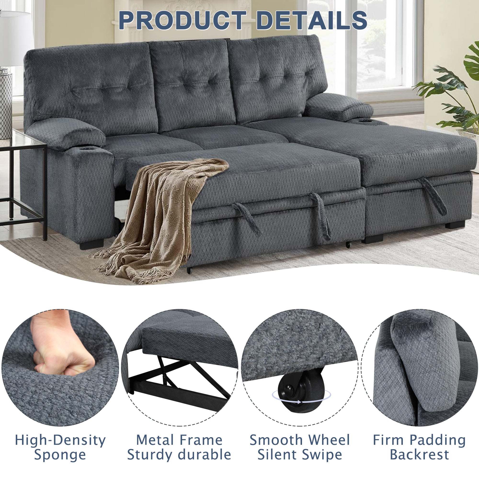 Orisfur. Modern Padded Upholstered  Sofa Bed Sleeper Sectional Sofa with Storage Chaise and Cup Holder for Living Room Furniture Set - Atlantic Fine Furniture Inc