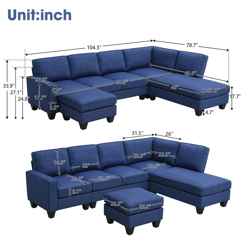 104.3*78.7" Modern L-Shaped Sectional Sofa, 7-Seat Linen Fabric Couch Set With Chaise Lounge And Convertible Ottoman For Living Room, Apartment, Office, 3 Colors - Blue