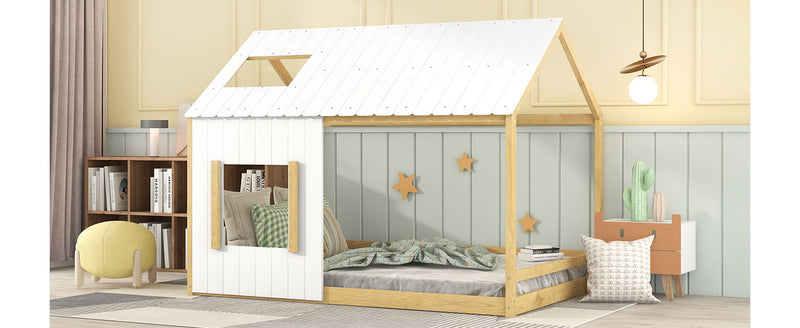 Full Size House Bed With Roof And Window - White / Natural