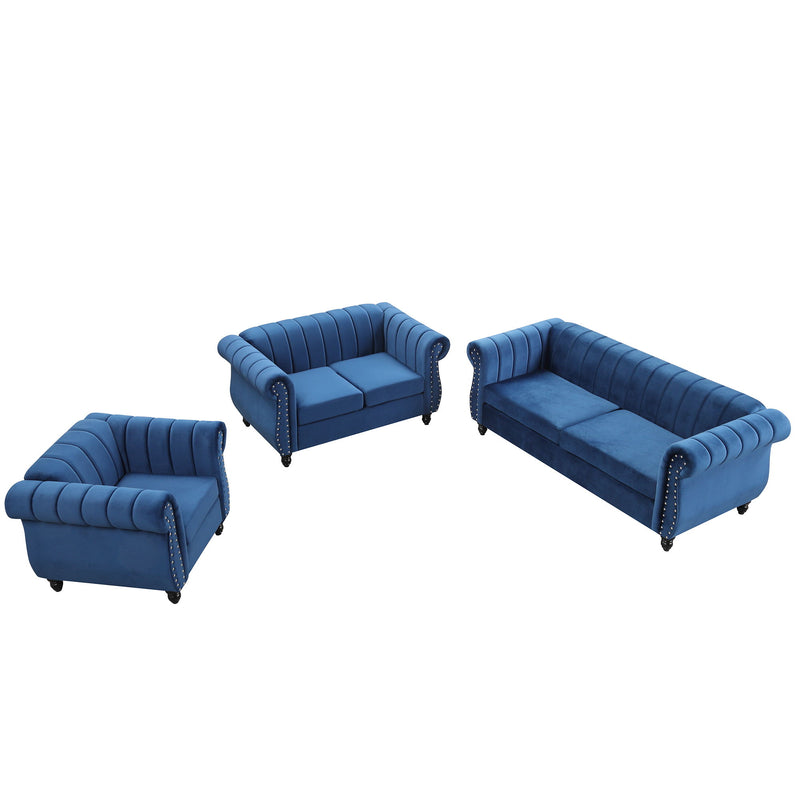 Modern Three Piece Sofa Set With Solid Wood Legs, Buttoned Tufted Backrest, Frosted Velvet Upholstered Sofa Set Including Three-Seater Sofa, Double Seater And Single Chair