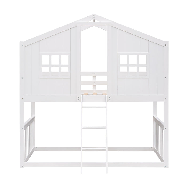Twin Over Twin House Bunk Bed With Ladder, Wood Bed - White