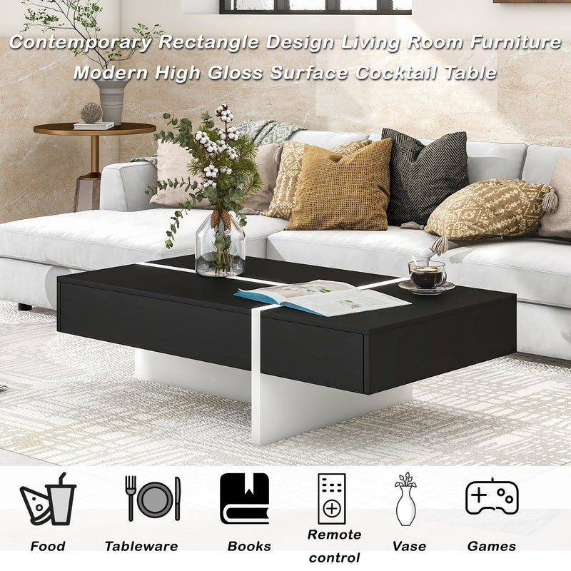 On-Trend Contemporary Rectangle Design Living Room Furniture, Modern High Gloss Surface Cocktail Table, Center Table For Sofa Or Upholstered Chairs, 45.2*25.5*13.7In, Black