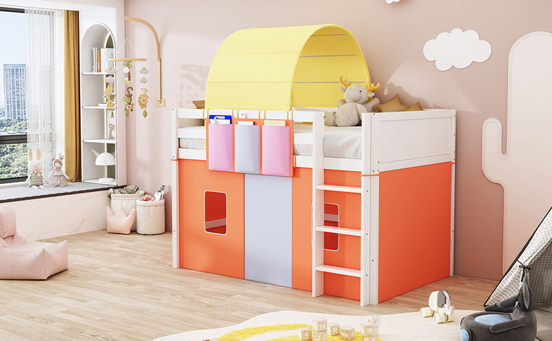 Twin Size Loft Bed With Tent And Tower And Three Pockets - Orange