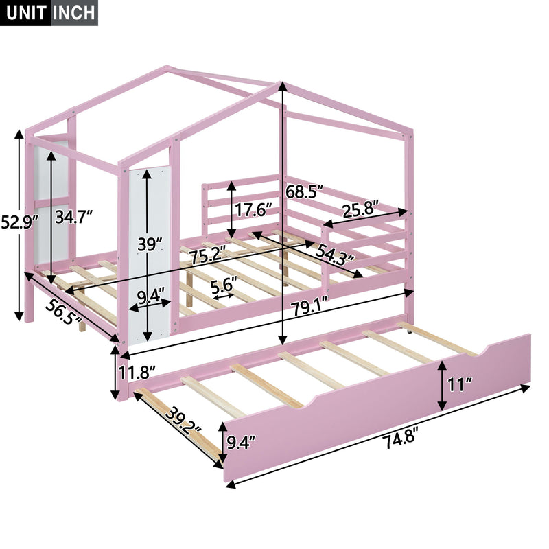 Full Size Wood House Bed With Fence And Writing Board, Pink
